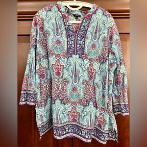 Talbots Blue and Red Graphic Cotton Tunic Top
